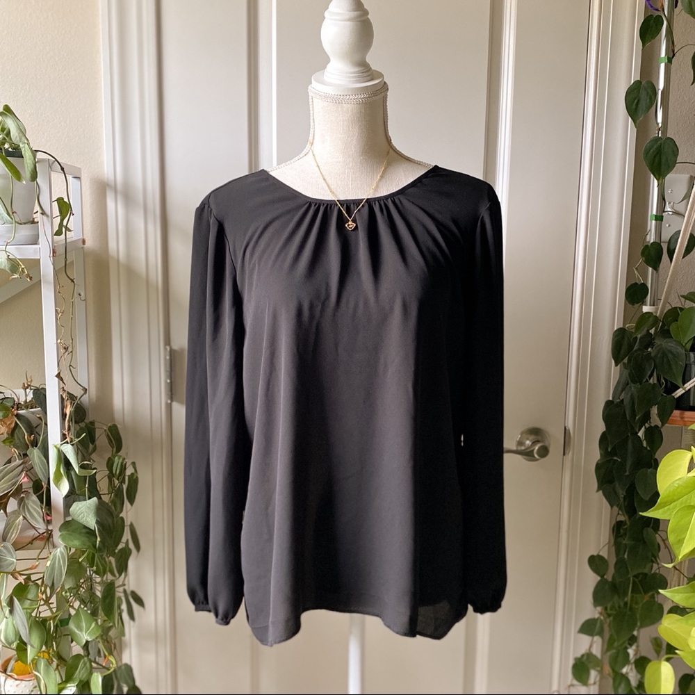 J Crew - Gathered Semi-Sheer Black Long Sleeve Blouse